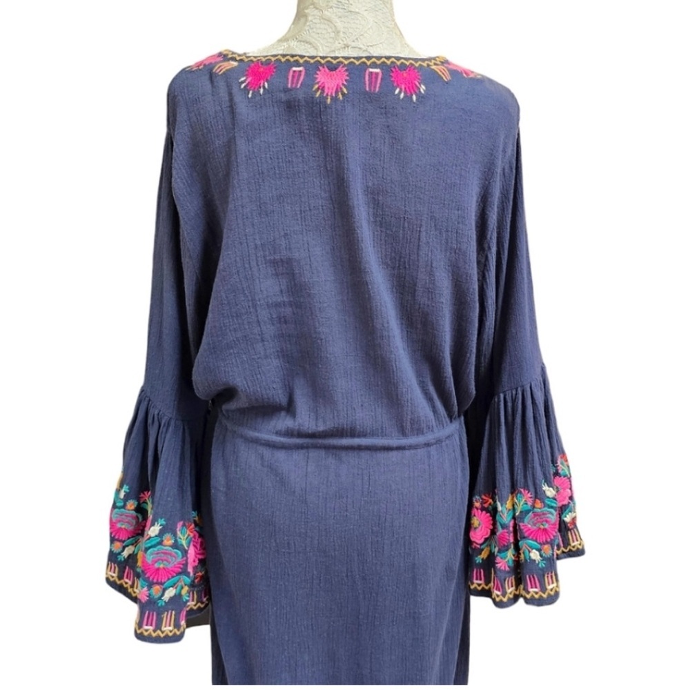 FIGUE Blue Cotton V-Neck Bell Sleeve Button Up Midi Dress Bohemian Princess L - Picture 9 of 11